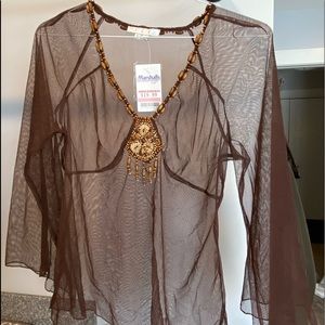 Ice Brown Blouse with Beaded Neckline